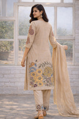Beige Floral Kalamkari Kurta Set with Dupatta – Printed Appliques & Scallop Border