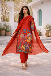 Elegant Red Kalamkari Deer & Elephant Cotton Kurti Set – Floral & Animal Design with Coordinated Dupatta