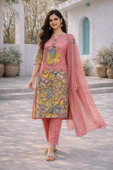 Pink Printed Krishna and Cow Motif Kurta Set with Dupatta – Triangle Lace & Scallop Border Detailing