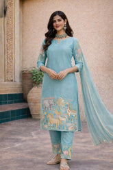 Sky Blue Cotton Kurta Set with Kalamkari Inspired Animal Motifs – Ethnic Wear for Women with Dupatta