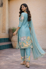 Sky Blue Cotton Kurta Set with Kalamkari Inspired Animal Motifs – Ethnic Wear for Women with Dupatta