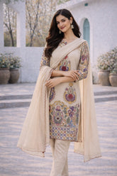 Vibrant Kalamkari Floral Cotton Kurta Set – Beige with Multicolor Design & Coordinated Dupatta