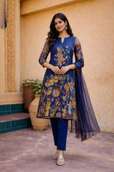 Blue Kalamkari Cotton Kurta Set with Dupatta - Traditional Painted Motifs & Embroidered Lace Detailing