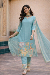 Sky Blue Cotton Kurta Set with Kalamkari Inspired Animal Motifs – Ethnic Wear for Women with Dupatta