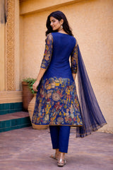 Blue Kalamkari Cotton Kurta Set with Dupatta - Traditional Painted Motifs & Embroidered Lace Detailing