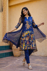 Blue Kalamkari Cotton Kurta Set with Dupatta - Traditional Painted Motifs & Embroidered Lace Detailing