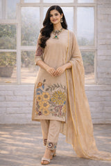 Beige Floral Kalamkari Kurta Set with Dupatta – Printed Appliques & Scallop Border