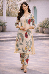 Elegant Off-White Kurti Set with Floral Accents & Shell Lace Detailing
