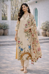 Off White Kalamkari Cotton Kurti Set with Floral & Wildlife Motifs