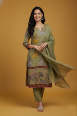 Olive Green Printed Kalamkari Elephant Design Cotton Kurti Set with Pant & Dupatta