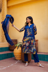 Blue Kalamkari Cotton Kurta Set with Dupatta - Traditional Painted Motifs & Embroidered Lace Detailing
