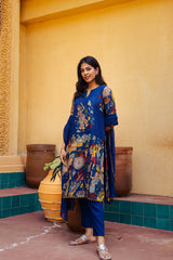 Blue Kalamkari Cotton Kurta Set with Dupatta - Traditional Painted Motifs & Embroidered Lace Detailing