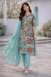 Floral Printed Blue Cotton Kurti Set with Churidar, Dupatta & Lace Detailing – Vibrant Ethnic Wear for Festive & Casual Occasions