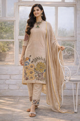 Beige Floral Kalamkari Kurta Set with Dupatta – Printed Appliques & Scallop Border