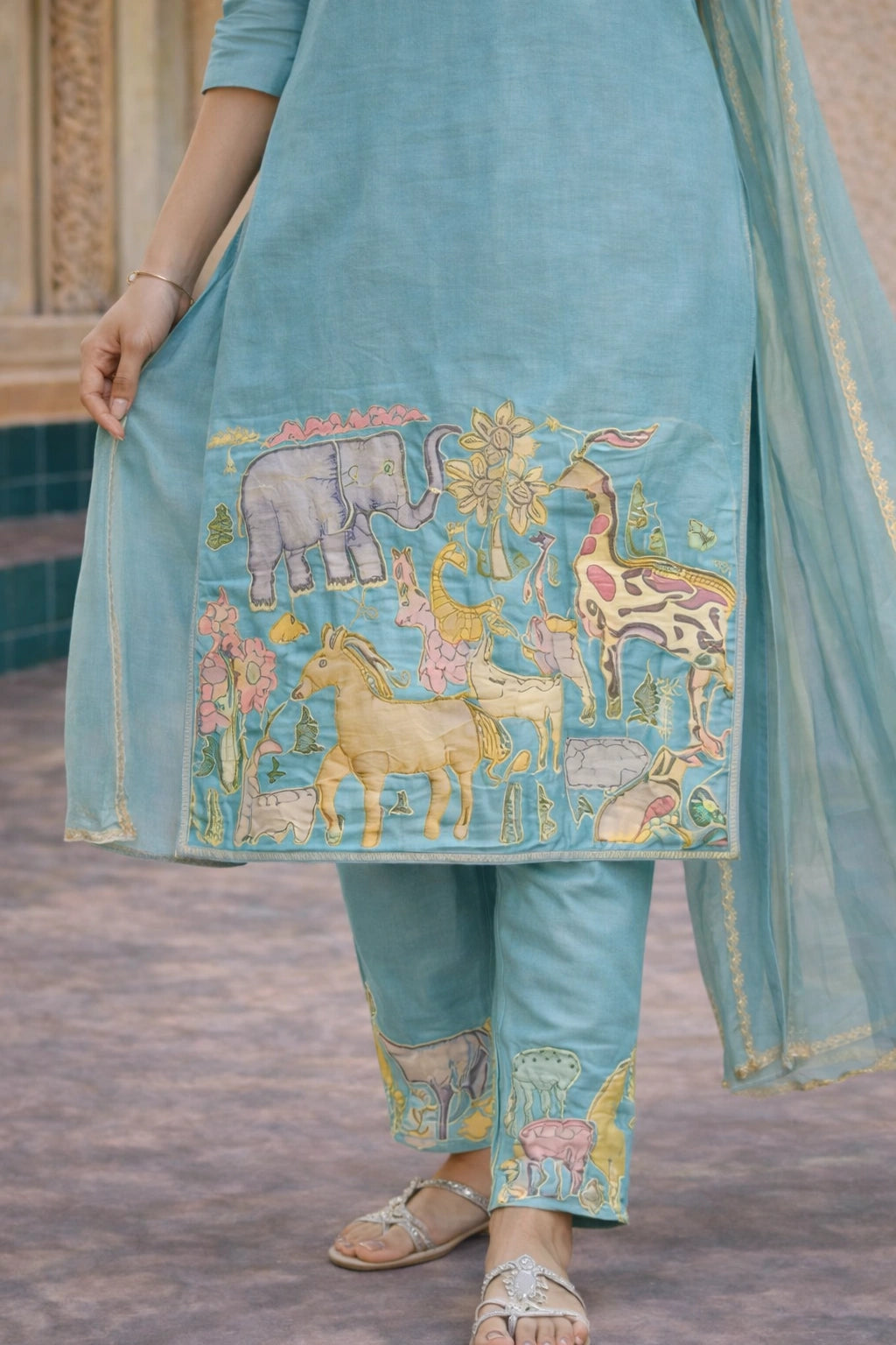 Sky Blue Cotton Kurta Set with Kalamkari Inspired Animal Motifs – Ethnic Wear for Women with Dupatta