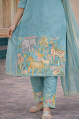 Sky Blue Cotton Kurta Set with Kalamkari Inspired Animal Motifs – Ethnic Wear for Women with Dupatta