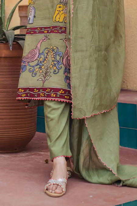 Olive Green Printed Kalamkari Elephant Design Cotton Kurti Set with Pant & Dupatta