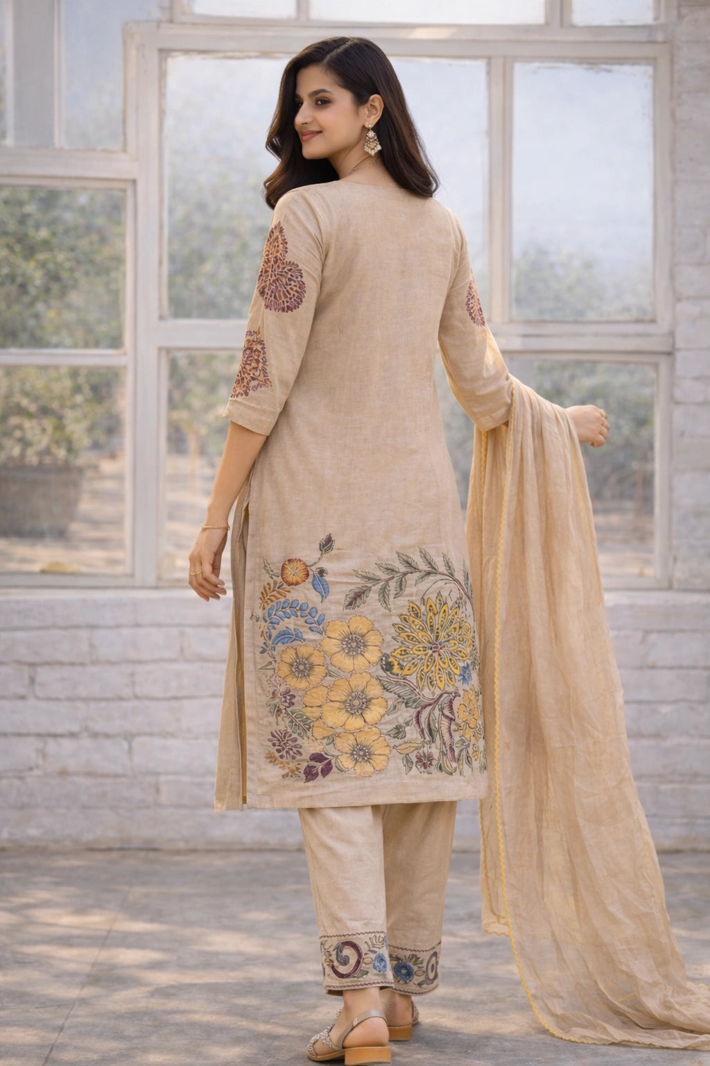 Beige Floral Kalamkari Kurta Set with Dupatta – Printed Appliques & Scallop Border