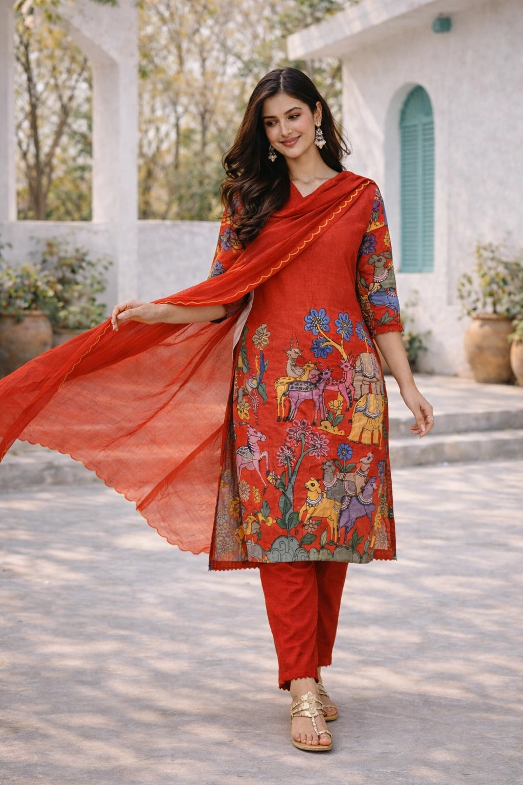 Elegant Red Kalamkari Deer & Elephant Cotton Kurti Set – Floral & Animal Design with Coordinated Dupatta