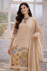 Beige Floral Kalamkari Kurta Set with Dupatta – Printed Appliques & Scallop Border