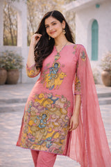 Pink Printed Krishna and Cow Motif Kurta Set with Dupatta – Triangle Lace & Scallop Border Detailing