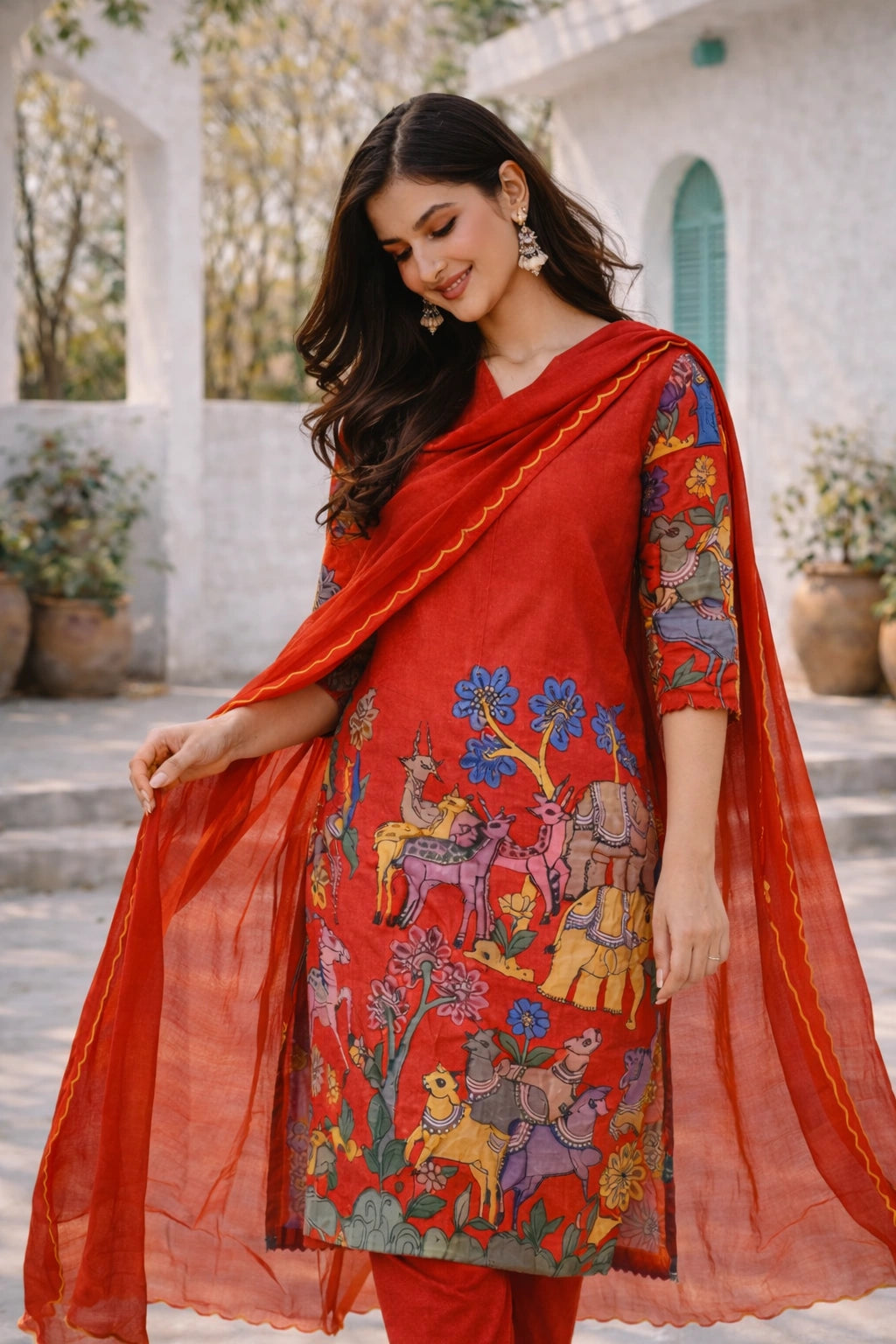 Elegant Red Kalamkari Deer & Elephant Cotton Kurti Set – Floral & Animal Design with Coordinated Dupatta