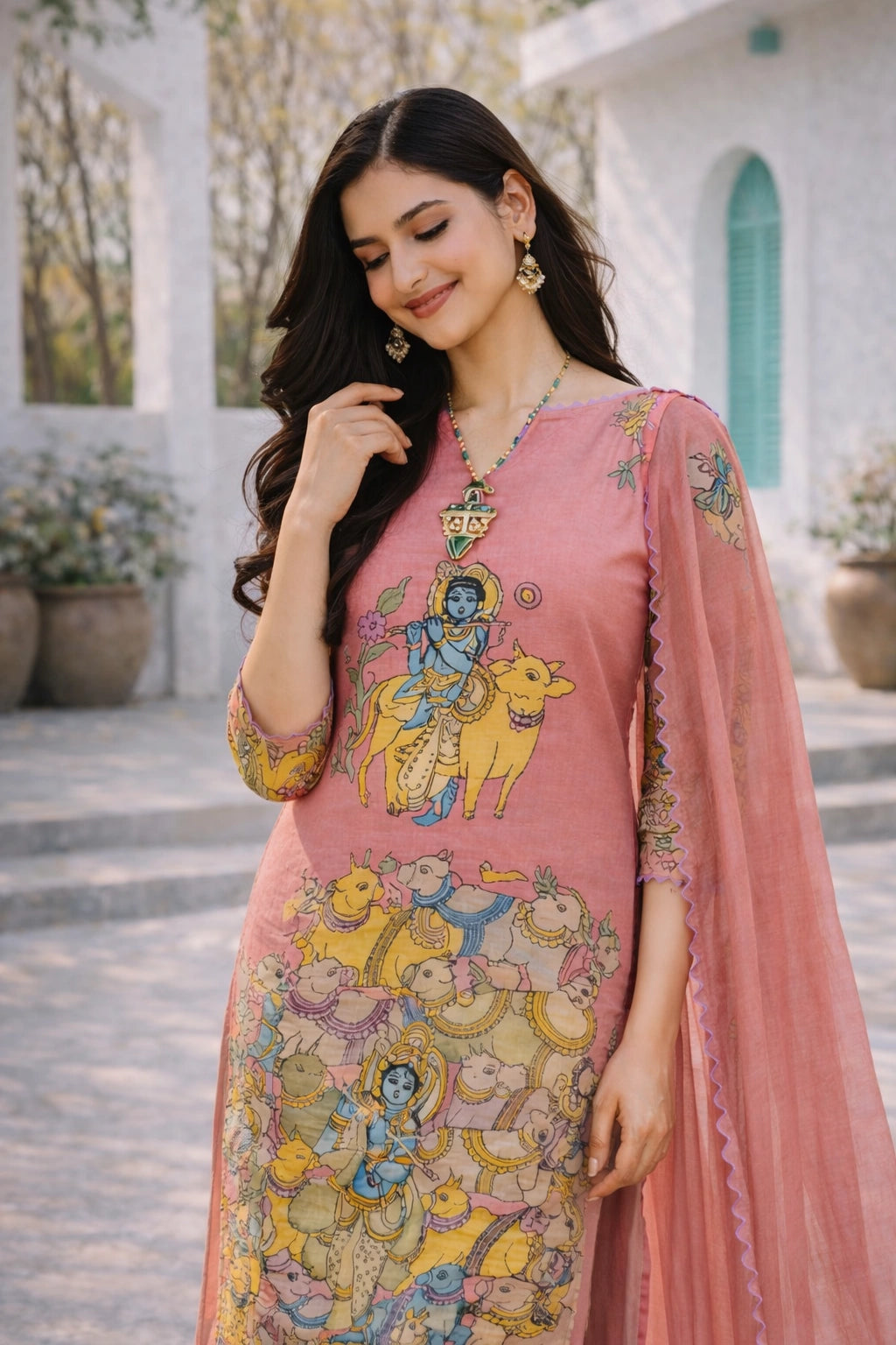 Pink Printed Krishna and Cow Motif Kurta Set with Dupatta – Triangle Lace & Scallop Border Detailing