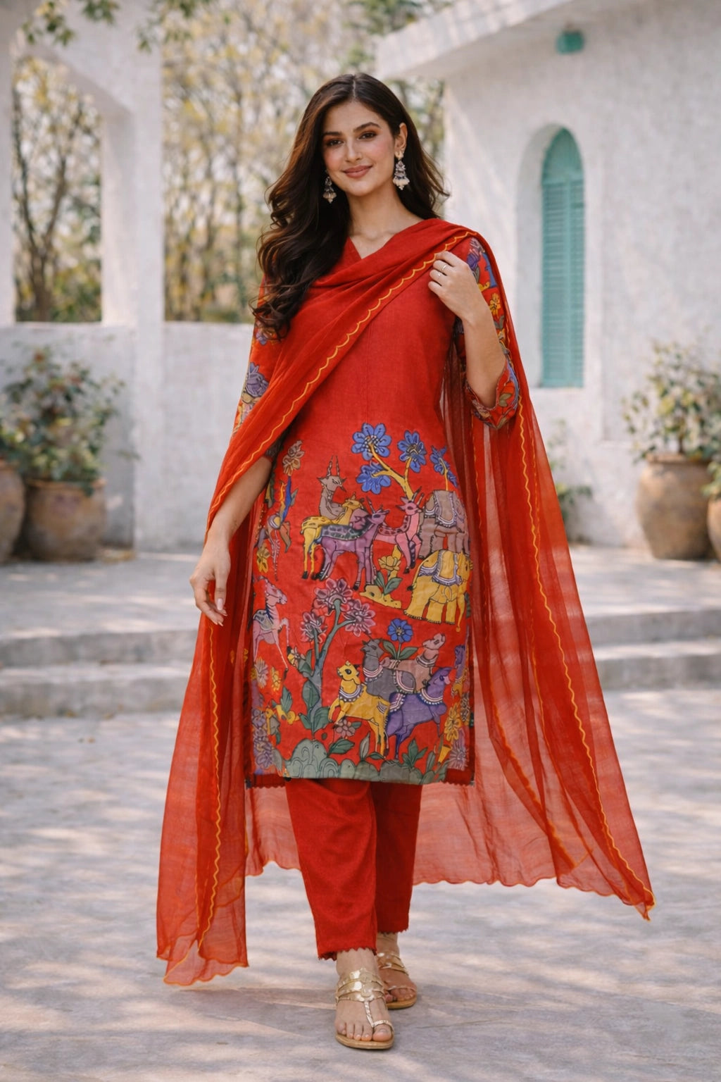 Elegant Red Kalamkari Deer & Elephant Cotton Kurti Set – Floral & Animal Design with Coordinated Dupatta