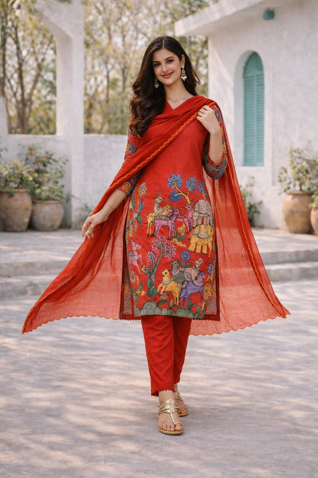 Elegant Red Kalamkari Deer & Elephant Cotton Kurti Set – Floral & Animal Design with Coordinated Dupatta