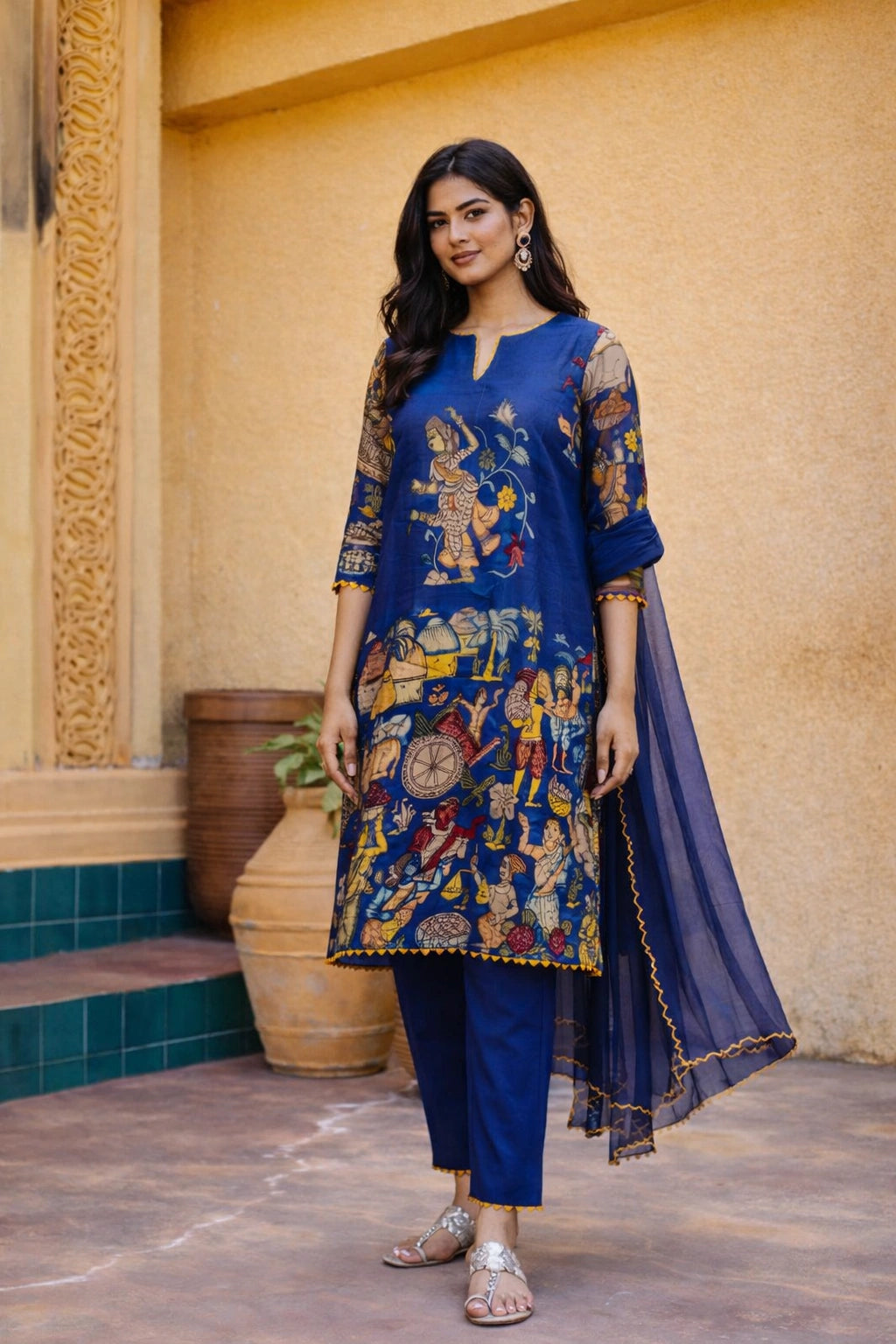 Blue Kalamkari Cotton Kurta Set with Dupatta - Traditional Painted Motifs & Embroidered Lace Detailing