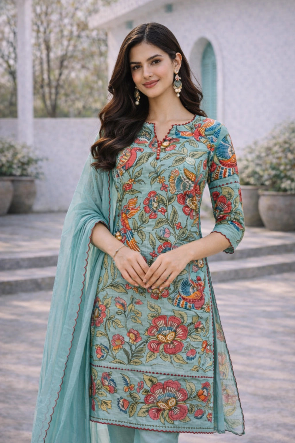Floral Printed Blue Cotton Kurti Set with Churidar, Dupatta & Lace Detailing – Vibrant Ethnic Wear for Festive & Casual Occasions