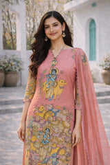 Pink Printed Krishna and Cow Motif Kurta Set with Dupatta – Triangle Lace & Scallop Border Detailing