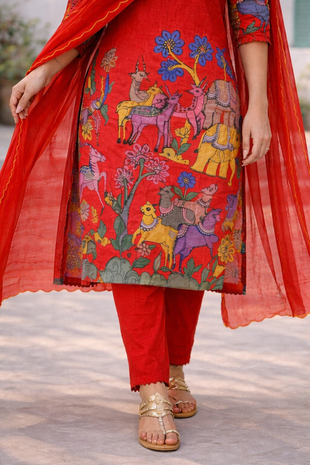 Elegant Red Kalamkari Deer & Elephant Cotton Kurti Set – Floral & Animal Design with Coordinated Dupatta