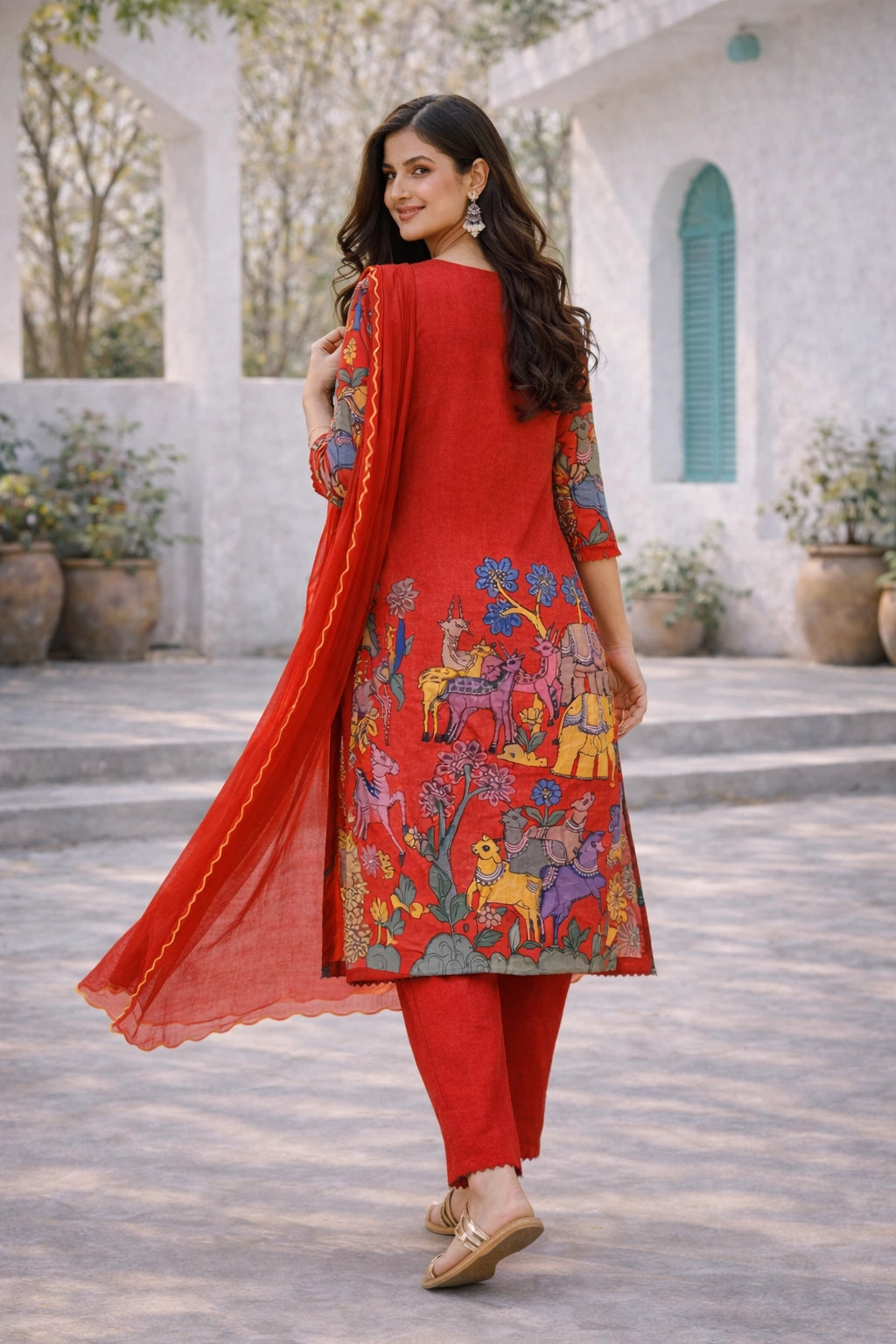 Elegant Red Kalamkari Deer & Elephant Cotton Kurti Set – Floral & Animal Design with Coordinated Dupatta
