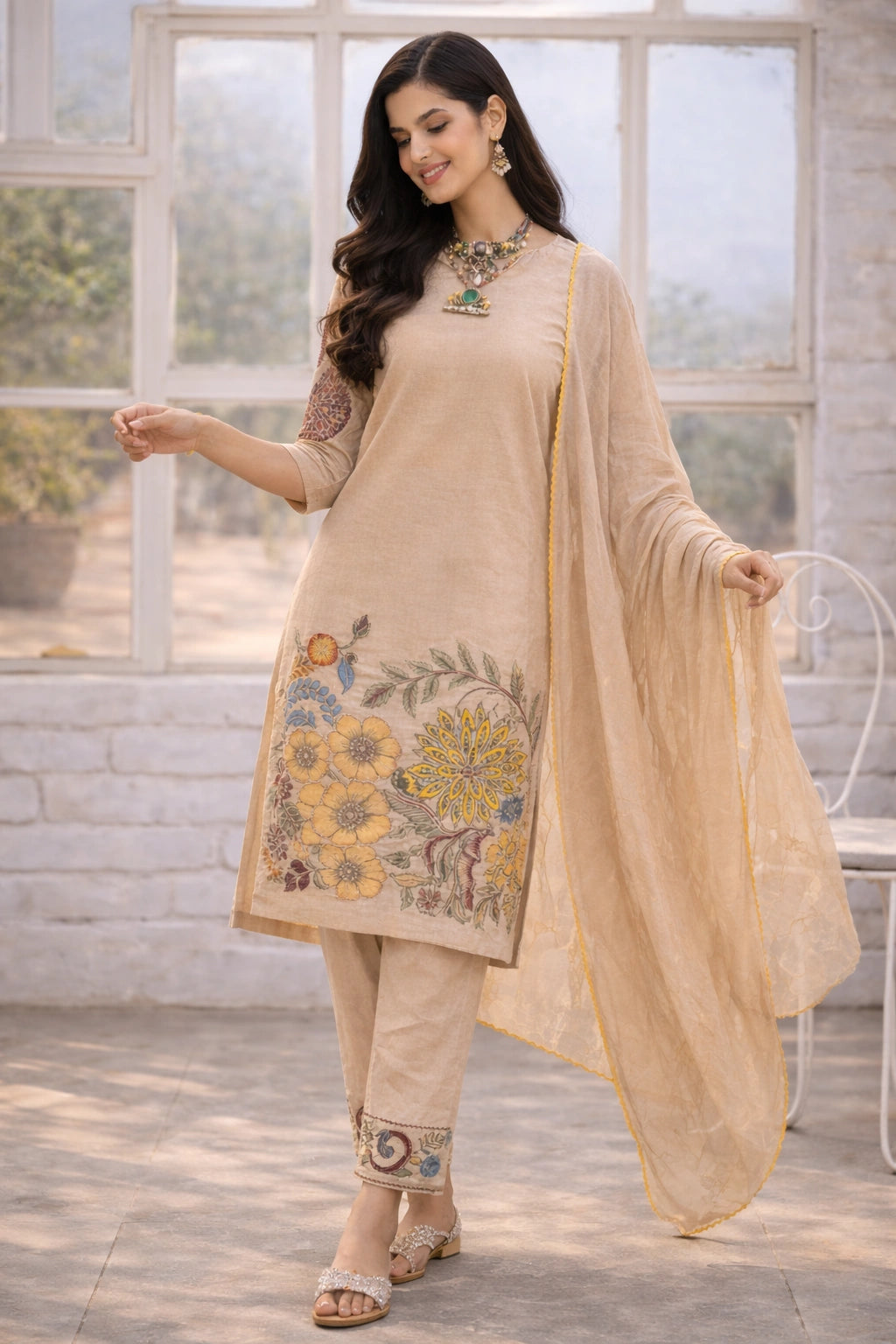 Beige Floral Kalamkari Kurta Set with Dupatta – Printed Appliques & Scallop Border