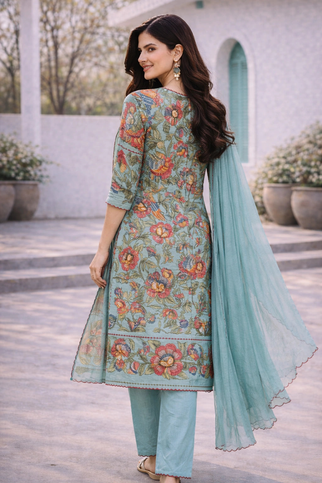 Floral Printed Blue Cotton Kurti Set with Churidar, Dupatta & Lace Detailing – Vibrant Ethnic Wear for Festive & Casual Occasions