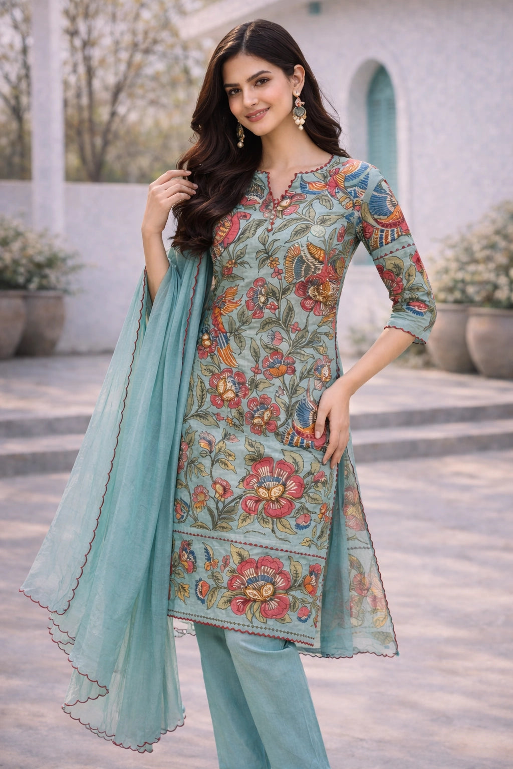 Floral Printed Blue Cotton Kurti Set with Churidar, Dupatta & Lace Detailing – Vibrant Ethnic Wear for Festive & Casual Occasions