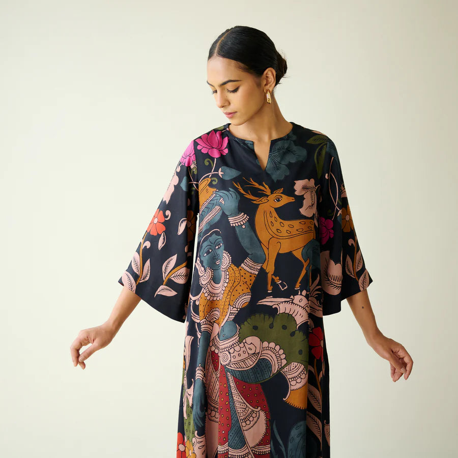 Chitra Kalamkari Print Kurta & Relaxed Churidar Pants Set (Black & Multi-Colored)