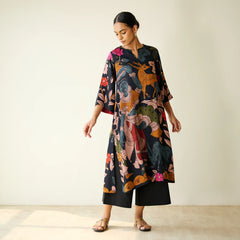 Chitra Kalamkari Print Kurta & Relaxed Churidar Pants Set (Black & Multi-Colored)