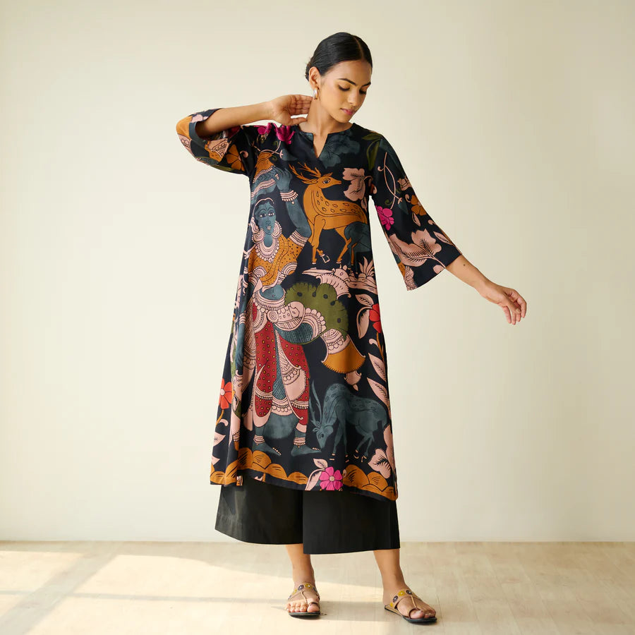 Chitra Kalamkari Print Kurta & Relaxed Churidar Pants Set (Black & Multi-Colored)
