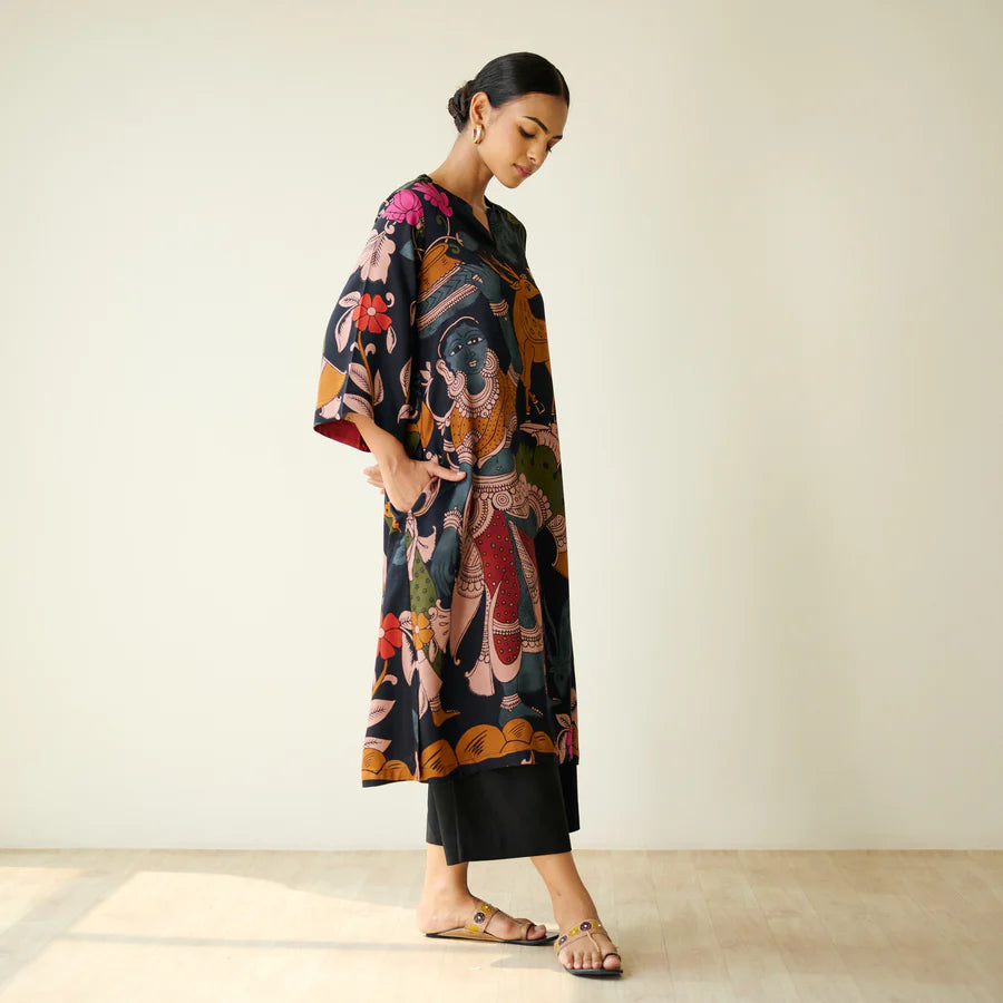 Chitra Kalamkari Print Kurta & Relaxed Churidar Pants Set (Black & Multi-Colored)