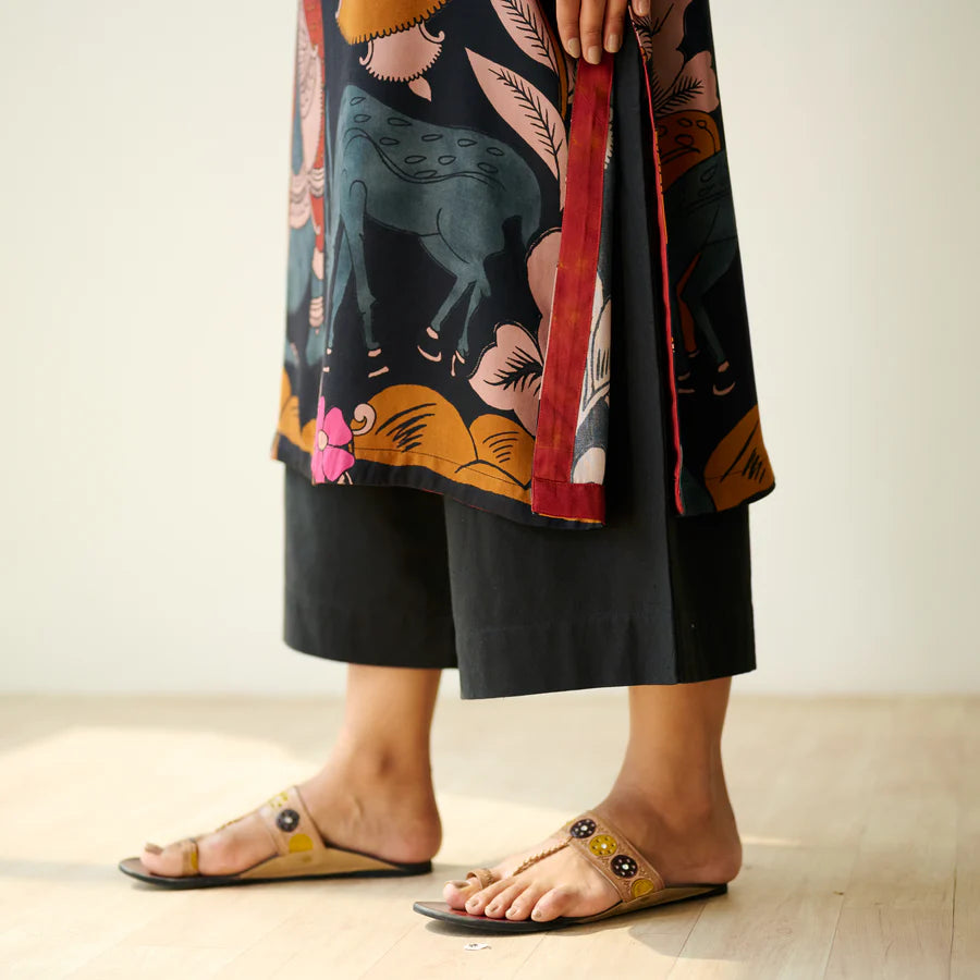 Chitra Kalamkari Print Kurta & Relaxed Churidar Pants Set (Black & Multi-Colored)
