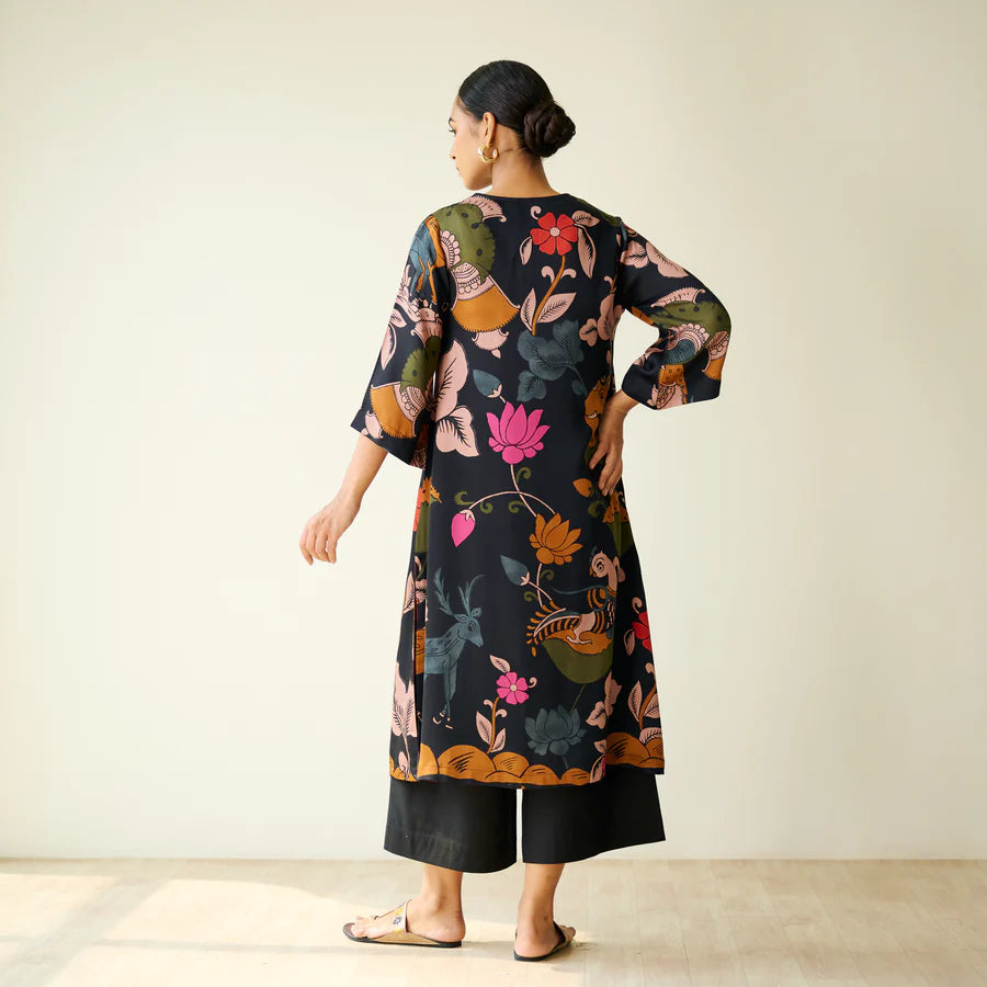 Chitra Kalamkari Print Kurta & Relaxed Churidar Pants Set (Black & Multi-Colored)