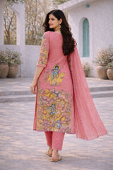 Pink Printed Krishna and Cow Motif Kurta Set with Dupatta – Triangle Lace & Scallop Border Detailing