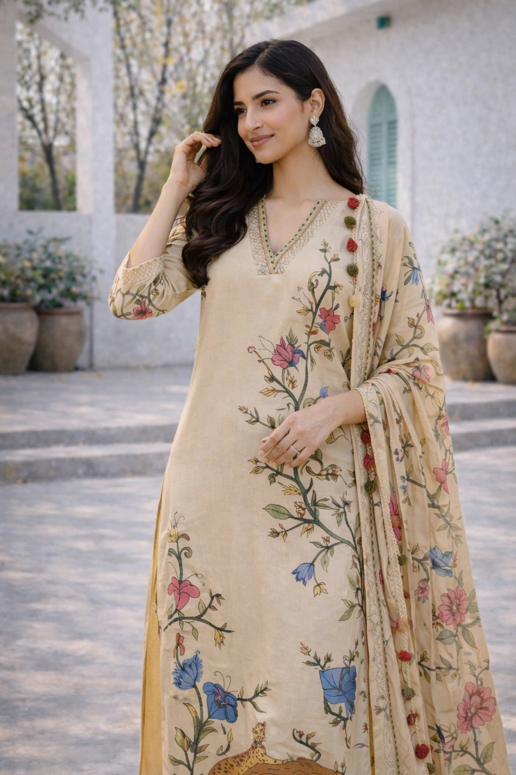 Off White Kalamkari Cotton Kurti Set with Floral & Wildlife Motifs