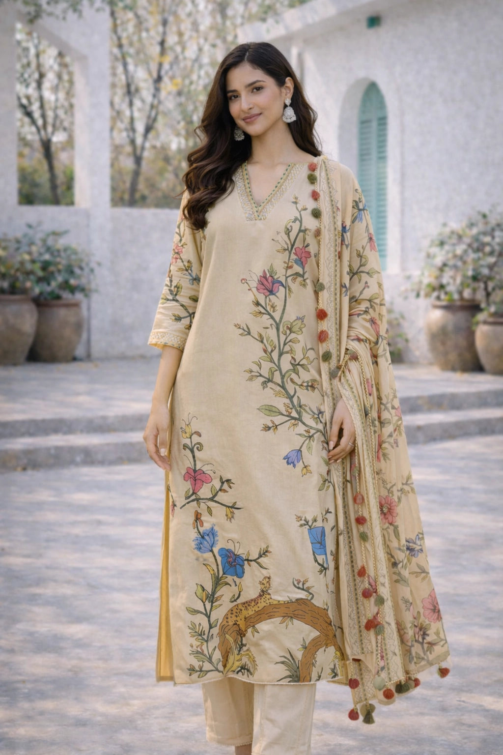 Off White Kalamkari Cotton Kurti Set with Floral & Wildlife Motifs