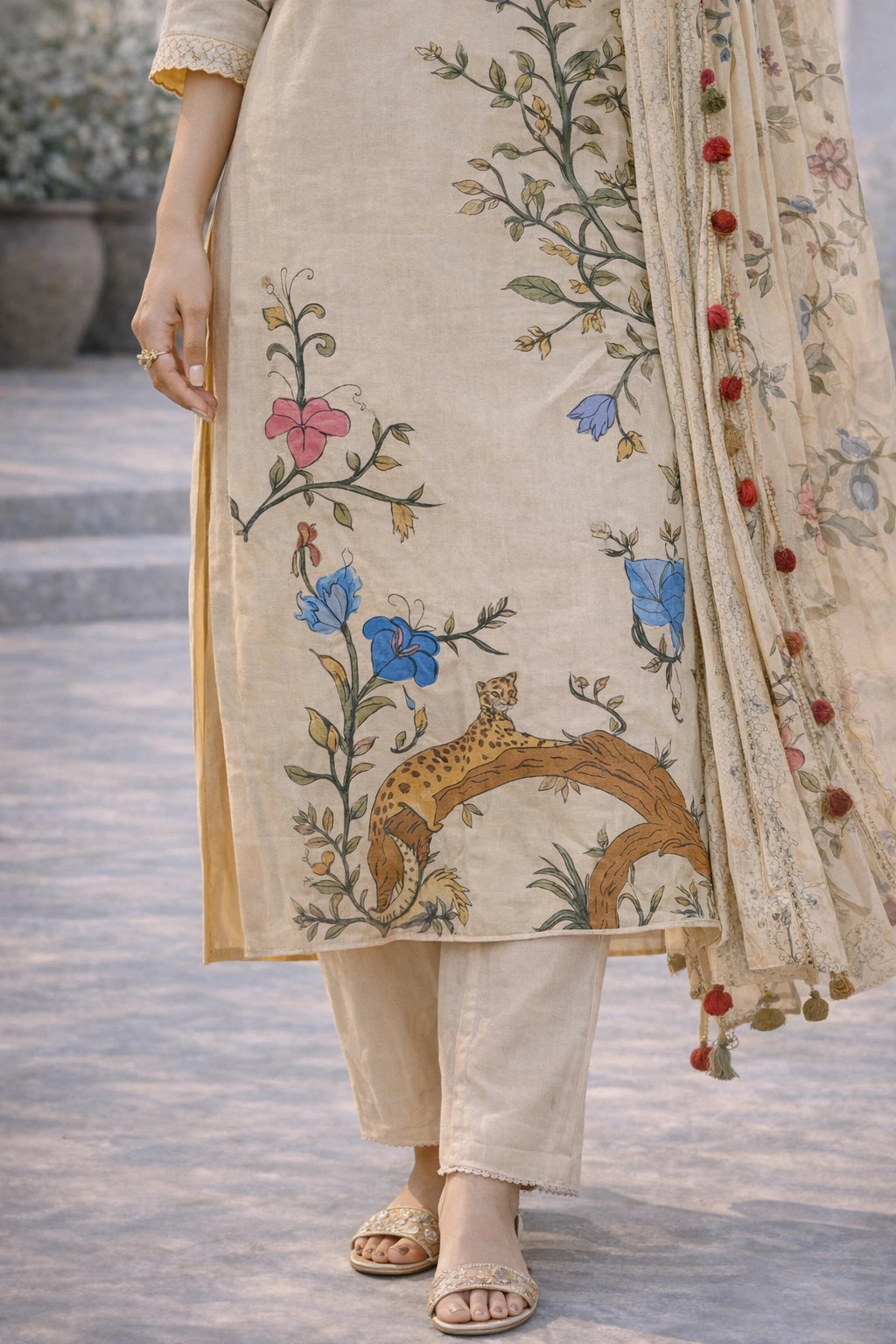 Off White Kalamkari Cotton Kurti Set with Floral & Wildlife Motifs