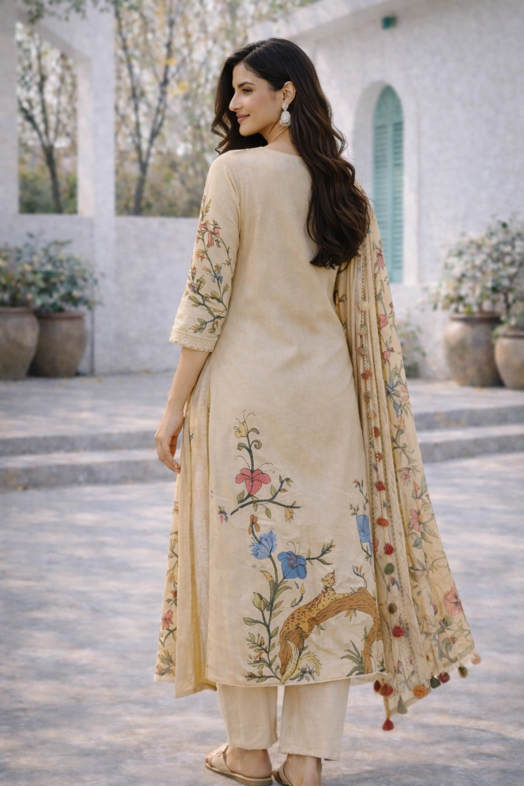 Off White Kalamkari Cotton Kurti Set with Floral & Wildlife Motifs