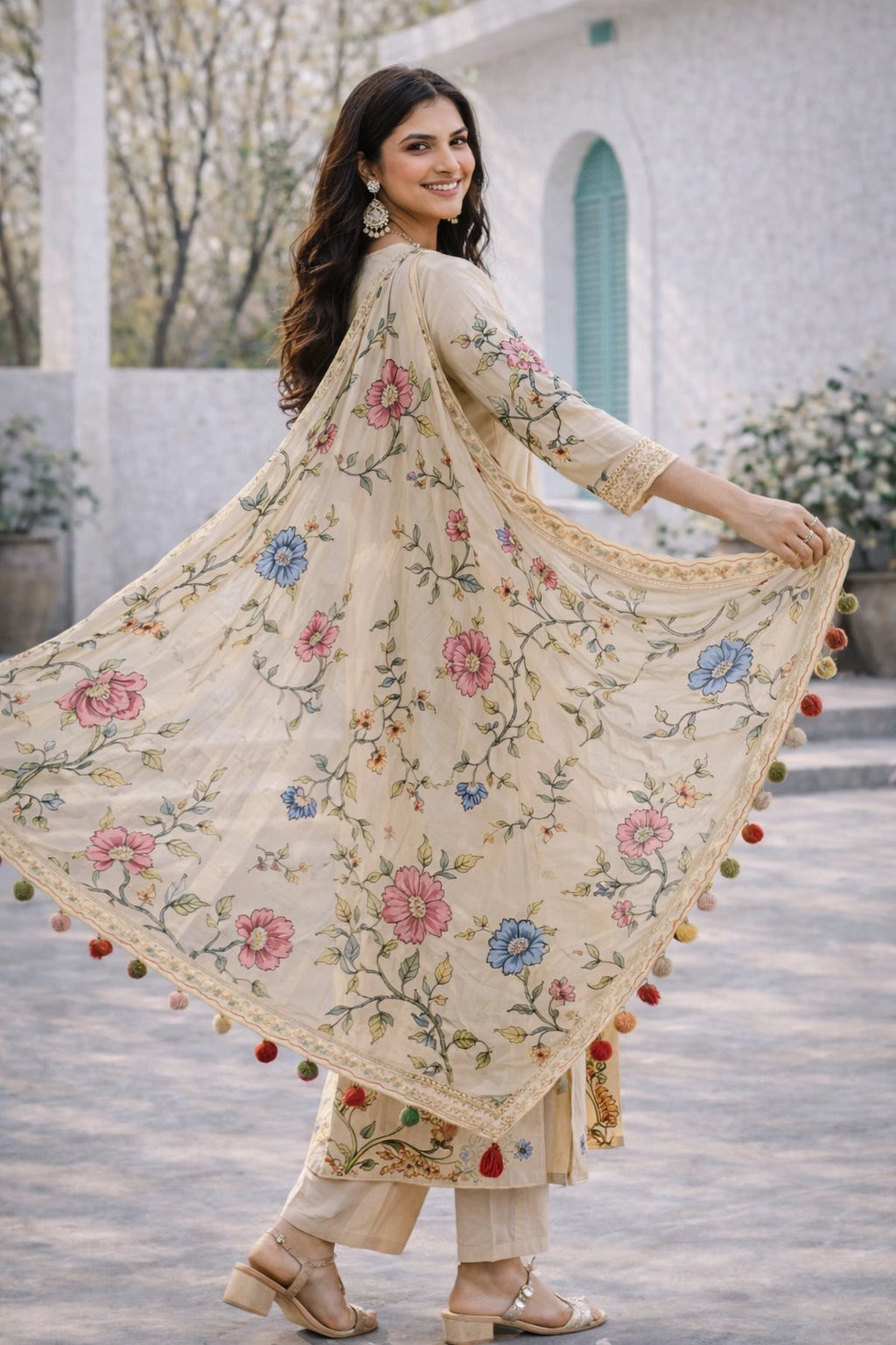 Off White Kalamkari Cotton Kurti Set with Floral & Wildlife Motifs