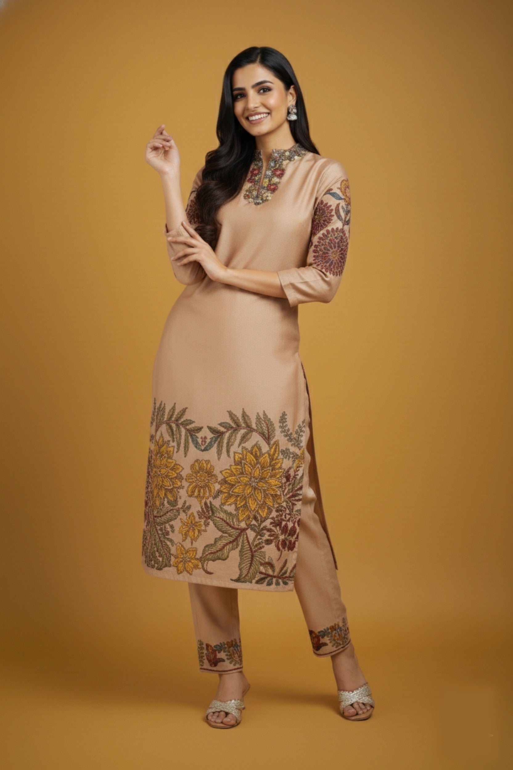 Beige Floral Kalamkari Kurta Set with Dupatta – Printed Appliques & Scallop Border